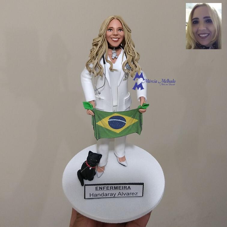 Boneca de médica com bandeira do Brasil e gatinho