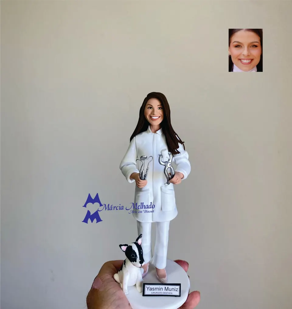 Boneca cirurgiã dentista de jaleco com instrumentos e cachorro Boneca de biscuit de dentista com jaleco branco segurando instrumentos odontológicos, com cachorro e plaquinha na base.